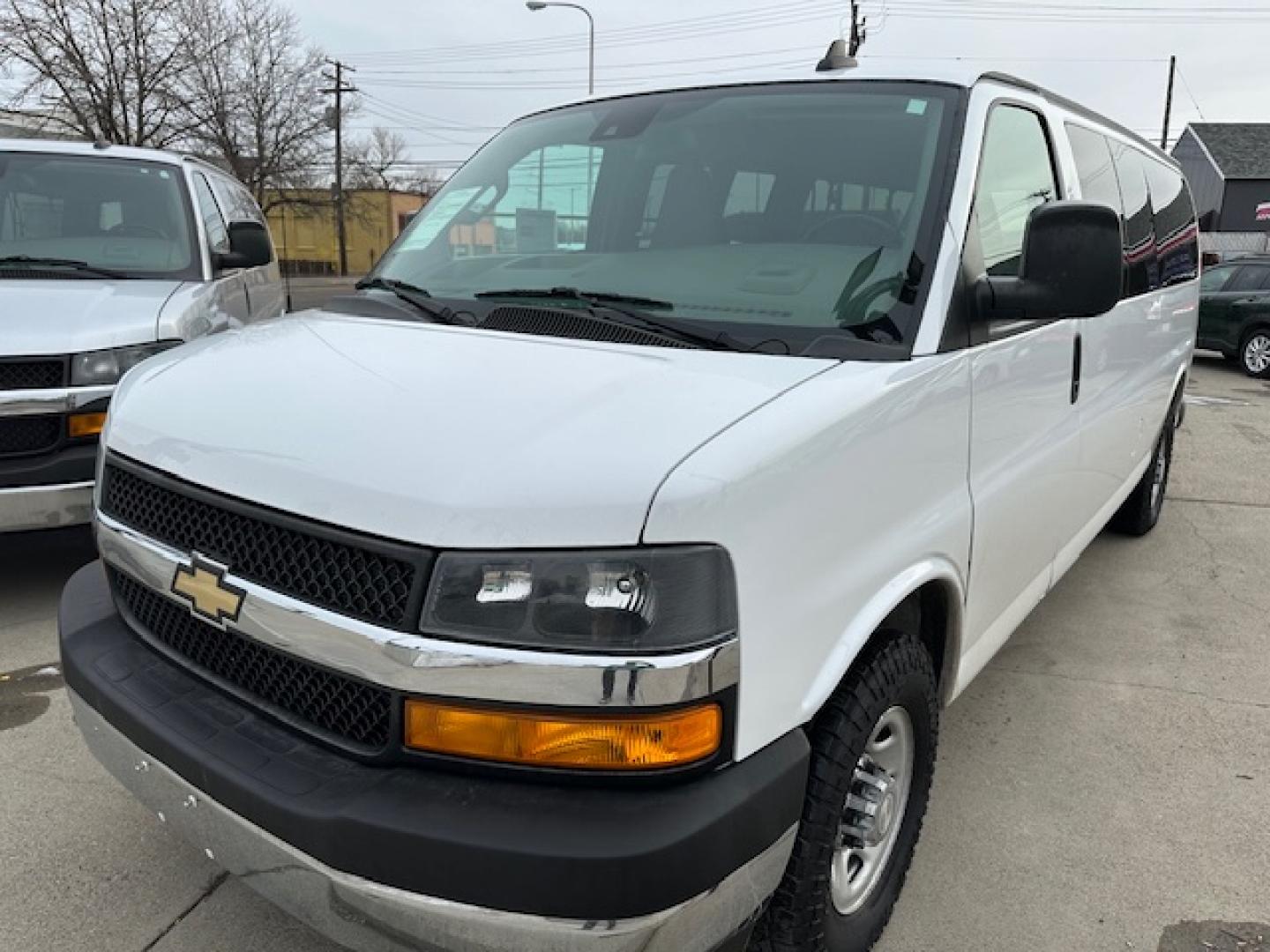 2019 White /Beige Cloth Chevrolet Express LT 3500 Extended (1GAZGPFPXK1) with an 4.3L V6 engine, 6A transmission, located at 3200 1st Avenue North, Billings, MT, 59101, (406) 245-9055, 45.779270, -108.510742 - Super Low Mileage Extended 12 Passenger Van! Power Window, Power Door locks, Tilt Steering Column, Cruise Control, 12 Passenger Seating with Storage Space behind the Rear Seat, Privacy Glass, Rear Heating and Air Conditioning and Much More. CarFax Dealer Auto Brokers of Montana/AA&A Auto Rental/F - Photo#0