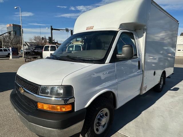 2021 White /Gray Chevrolet Express G3500 139" (1GB0GRFPXM1) , 6A transmission, located at 3200 1st Avenue North, Billings, MT, 59101, (406) 245-9055, 45.779270, -108.510742 - Off Lease Cutaway Cube Van for a Great Price! Power Windows, Power Door Locks, Heiser Hi-Cube Box with Sliding Pass Door into the Cab. CarFax Dealer. Auto Brokers of Montana/AA&A Auto Rental/Fox Car Rental Billings - Photo#0